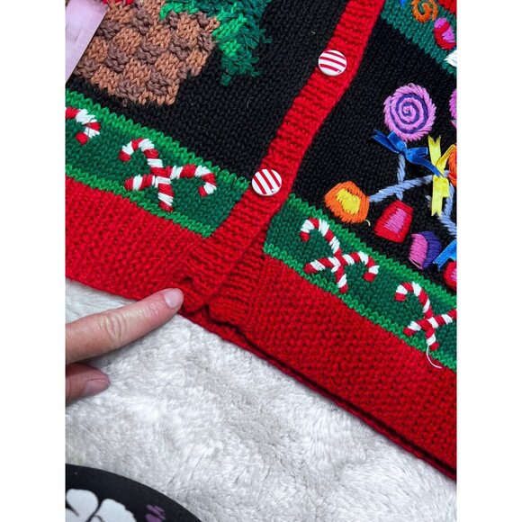 Bechamel Christmas Vest Handmade Knit Black & Red With Candy Cane Buttons & Fest - Picture 6 of 6